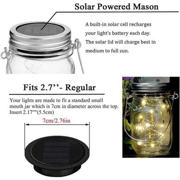 6 Pack Mason Jar Lights, 10 LED Solar Colorful Flicker Fairy String Lights Lids - Picture 3 of 7